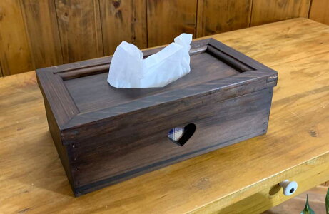 ティッシュボックス(ブルーハート)ダークブラウン木製ひのきハンドメイド受注製作