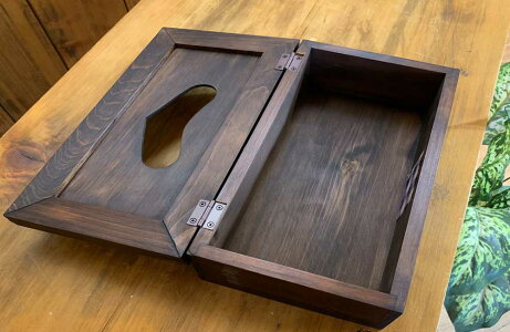 ティッシュボックス(ブルーハート)ダークブラウン木製ひのきハンドメイド受注製作