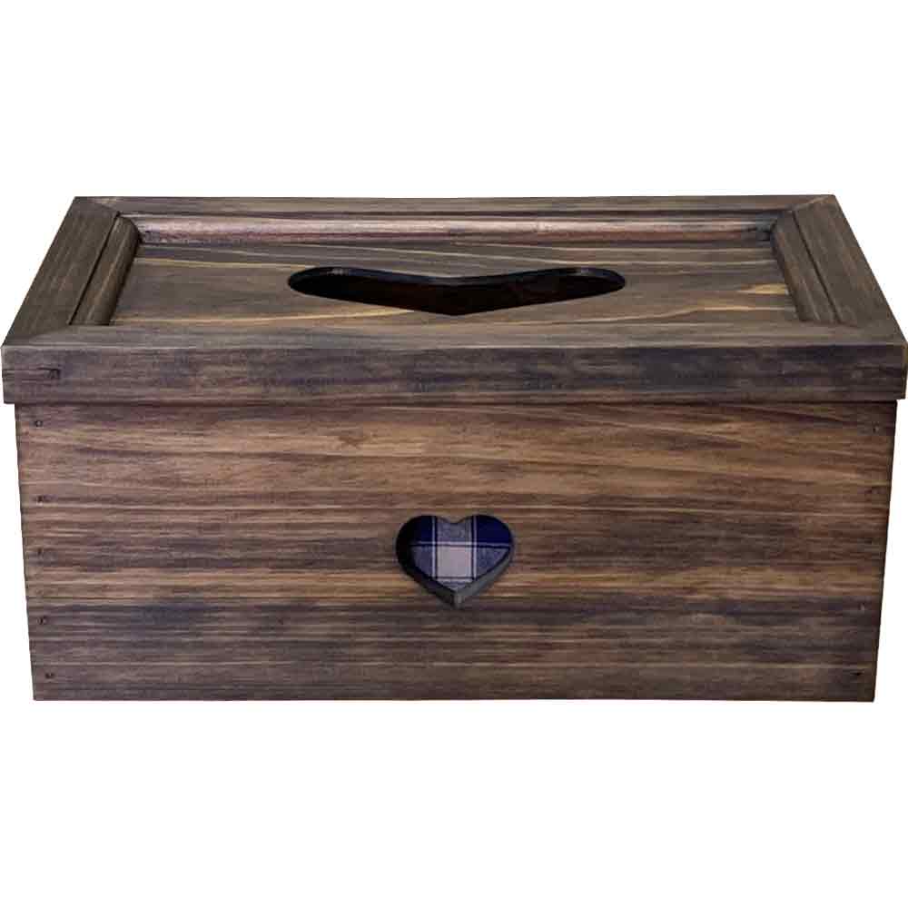 ティッシュボックス ブルーチェック ハート ダークブラウン 28×15.5×13cm 木製 ひのき ハンドメイド オーダーメイド