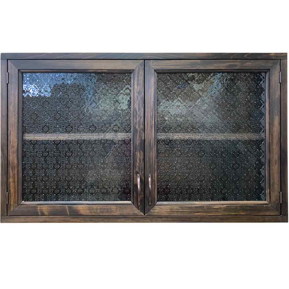 キッチン吊り戸棚 フローラガラス扉 ダークブラウン 85×35×50cm 横型キャビネット 木製 ひのき ハンドメイド オーダーメイド