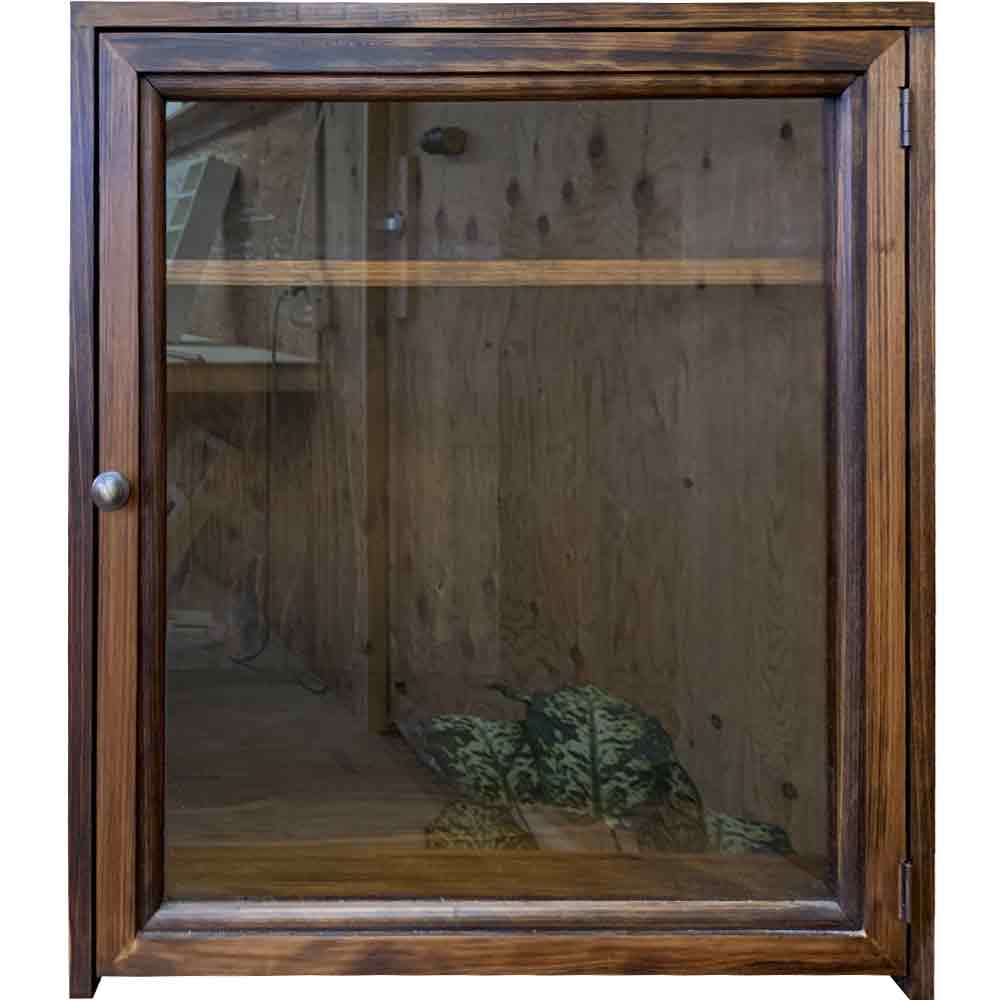 コレクションケース 透明ガラス扉 ダークブラウン 40×35×45cm 真鍮つまみ 二段棚 ディスプレイ 木製 ひのき ハンドメイド オーダーメイド