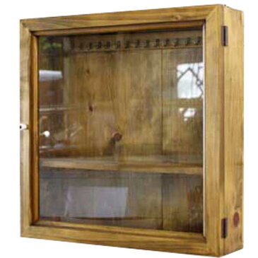 コレクションケース 透明ガラス扉 アンティークブラウン w40d10h40cm フック・棚付き 木製 ひのき オーダーメイド 1327933