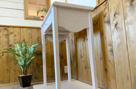 パソコンデスクホワイトステイン白つまみ70x40x80cm自然木耳付き木製ひのき受注製作