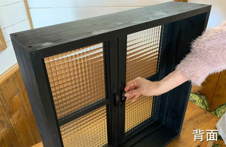 室内窓ブラックオイルステインw60d15h60cmチェッカーガラス両面桟入り飾り蝶番アイアン取手木製ひのきハンドメイド受注製作