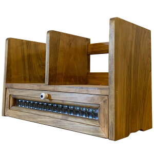 ブックスタンドチェッカーガラス引出し白つまみ33x14x20cmアンティークブラウン木製ひのきハンドメイド受注製作
