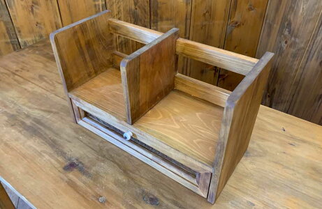ブックスタンドチェッカーガラス引出し白つまみ33x14x20cmアンティークブラウン木製ひのきハンドメイド受注製作