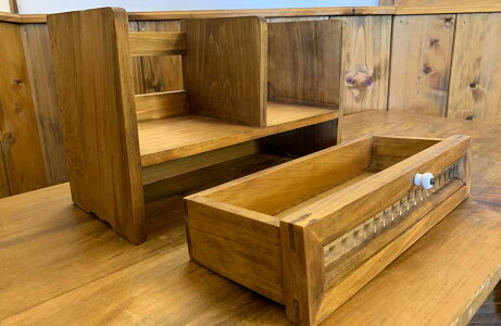 ブックスタンドチェッカーガラス引出し白つまみ33x14x20cmアンティークブラウン木製ひのきハンドメイド受注製作