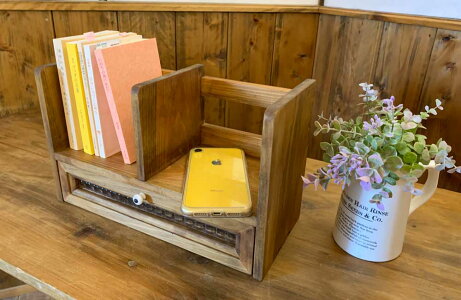 ブックスタンドチェッカーガラス引出し白つまみ33x14x20cmアンティークブラウン木製ひのきハンドメイド受注製作