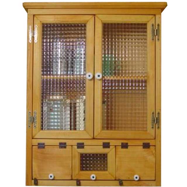 キャビネット 壁掛け w51d21h65cm ナチュラル チェッカーガラス扉 木製 ひのき ハンドメイド オーダーメイド