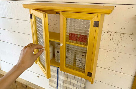 キャビネットシェルフ木製ひのきフランス製チェッカーガラスタオルハンガー付(ナチュラル)受注製作ID1072982