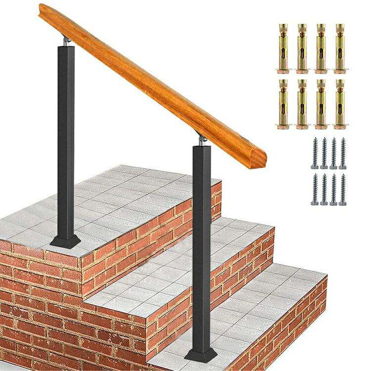 【時間限定!クーポンで6,102円】手すり 屋外玄関階段手すり無垢材の手摺り マットブラックアイアン階段手すり角度調整可能高齢者用サポート 手すりの長さ 60c...