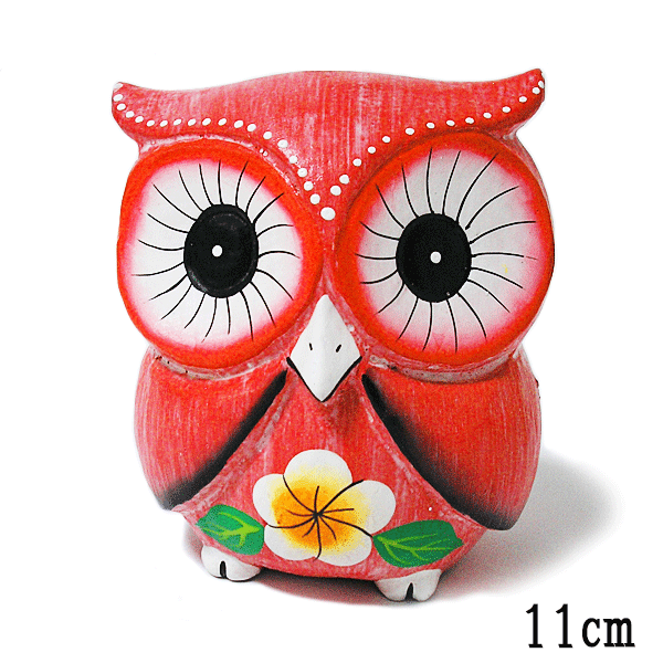 Rakuten - フクロウ インテリア 置物 薄赤 [11cm] プルメリアのお花 カラフル おしゃれな 置物 開運 インテリア 木彫り ふくろう 木製 オブジェ 彫刻 卓上 玄関 バリ アジアン タイ 雑貨 小物
