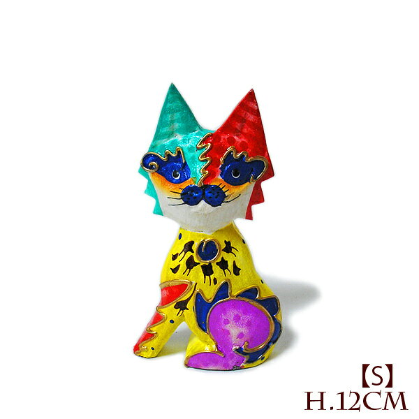 Rakuten - 木製 バリ ネコ カラフル 12cm Sサイズ 単品 木彫り インテリア 猫 置物 オブジェ アジアン バリ タイ 雑貨 エスニック アンティーク