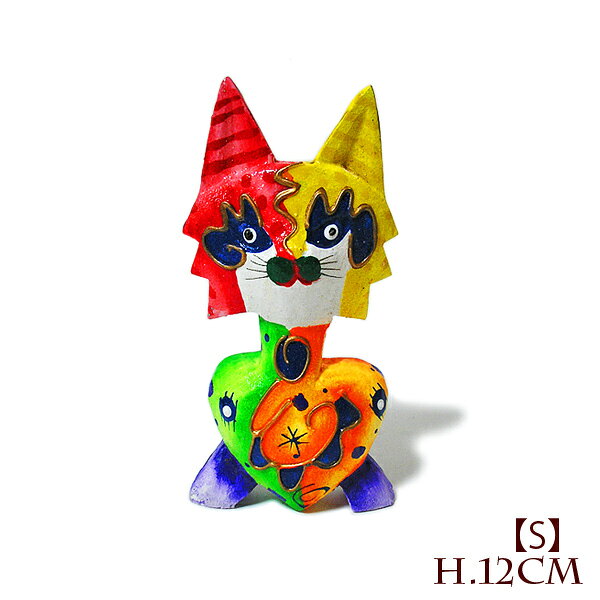 Rakuten - 木製 バリ ネコ カラフル 12cm Sサイズ 単品 木彫り インテリア 猫 置物 オブジェ アジアン バリ タイ 雑貨 エスニック アンティーク