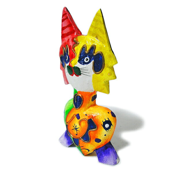 木製 バリ ネコ カラフル 12cm Sサイズ 単品 木彫り インテリア 猫 置物 オブジェ アジアン バリ タイ 雑貨 エスニック アンティーク [2]