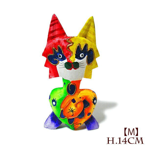 Rakuten - 木製 バリ ネコ カラフル 14cm Mサイズ 単品 木彫り インテリア 猫 置物 オブジェ アジアン バリ タイ 雑貨 エスニック アンティーク