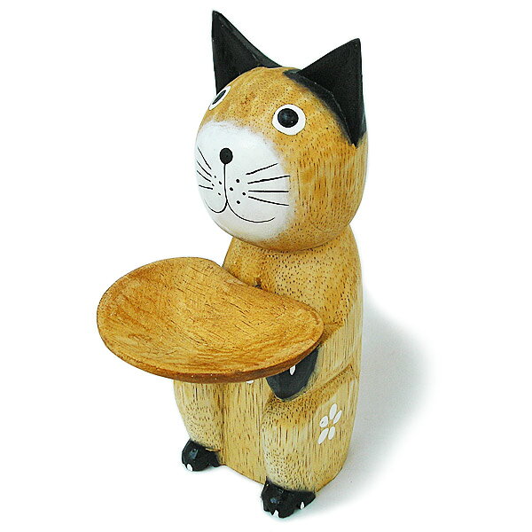 お皿を持ったバリネコさん ナチュラル[H.20cm] かわいい おしゃれな 置物 玄関 開運 招き ネコ 雑貨 アジアン 雑貨 バリ 雑貨 タイ 雑貨 アジアン インテリア【楽ギフ_包装】