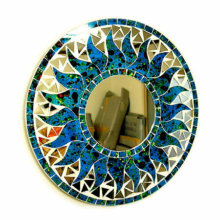 壁掛けバリモザイクミラー鏡S丸型濃青（海の色）＋ドット太陽 アジアン 雑貨 バリ 雑貨 タイ 雑貨 アジアン インテリア