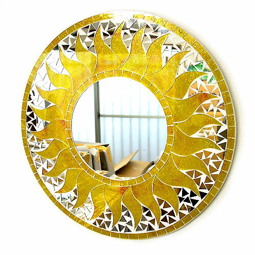 壁掛け バリ モザイク ミラー 鏡 D.40cm 丸型 黄色系 金ラメ 太陽 丸い鏡 アジアン バリ タイ 雑貨 アジアン インテリア おしゃれ 軽量