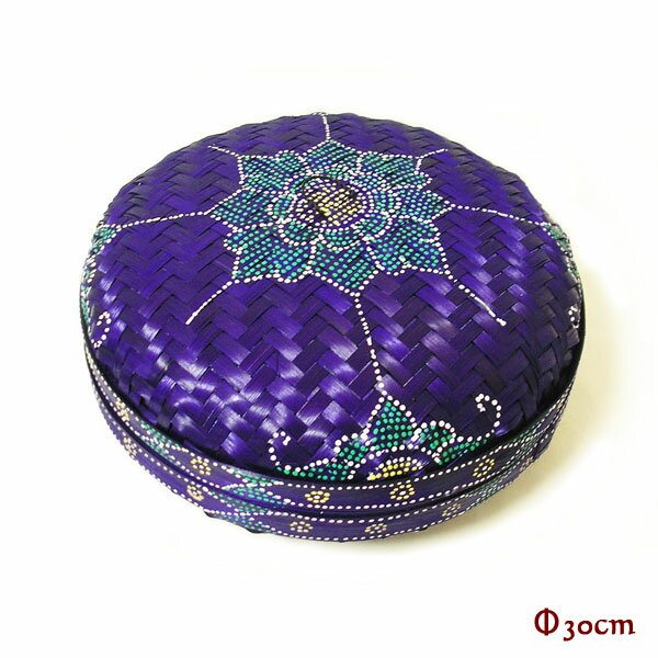 バンブーの蓋付カゴ 丸型 パープル【M】手描き花模様 [D.30cm] アジアン エスニック 収納 雑貨 円形 丸型 バスケット 蓋付 収納 小物入れ バリ 雑貨 タイ 雑貨 アジアン インテリア【アジアン バスケットカゴ】