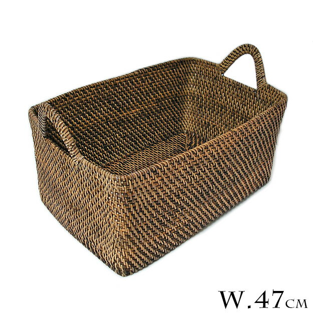 ラタンの持ち手付きバスケット長方形Mサイズ[47x29x21cm]【収納 ボックス】 アジアン 雑貨 バリ 雑貨 ..
