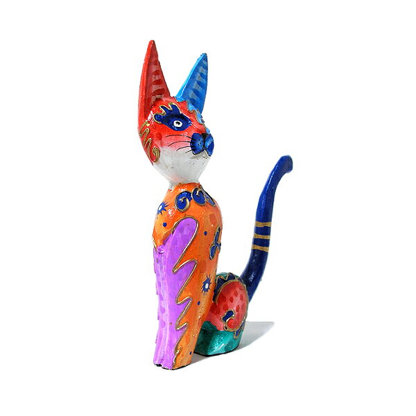 木製 バリ ネコ カラフル [17cm] 単品 木彫り インテリア 猫 置物 オブジェ アジアン バリ 雑貨 エスニック アンティーク [2]