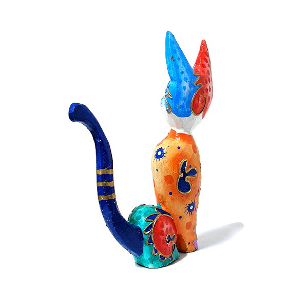 木製 バリ ネコ カラフル [17cm] 単品 木彫り インテリア 猫 置物 オブジェ アジアン バリ 雑貨 エスニック アンティーク [3]