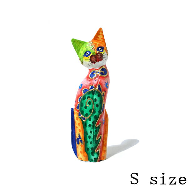 Rakuten - 木製 バリ ネコ カラフル ［15cm］ 単品 木彫り インテリア 猫 置物 オブジェ アジアン バリ タイ 雑貨 エスニック アンティーク