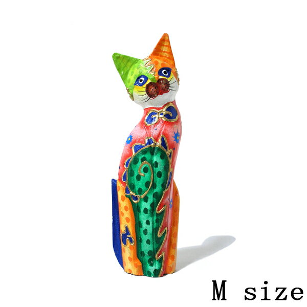 Rakuten - 木製 バリ ネコ カラフル ［20cm］ 単品 木彫り インテリア 猫 置物 オブジェ アジアン バリ 雑貨 エスニック アンティーク