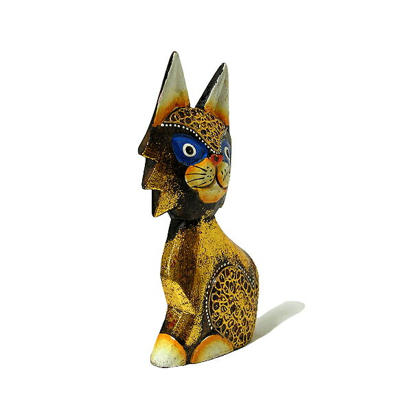 木製 バリ ネコ ゴールド [17cm] 単品 木彫り インテリア 猫 置物 オブジェ アジアン バリ 雑貨 エスニック アンティーク [2]