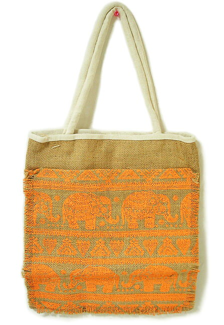 Rakuten - ヘンプ・麻のトートバッグ 麻 角型 白紐 オレンジ 象さん レディース 春 夏 おしゃれ シンプル かわいい 大きめ 大容量 軽量 天然素材 バスケット アジアンテイスト レディースバッグ サマーバッグ