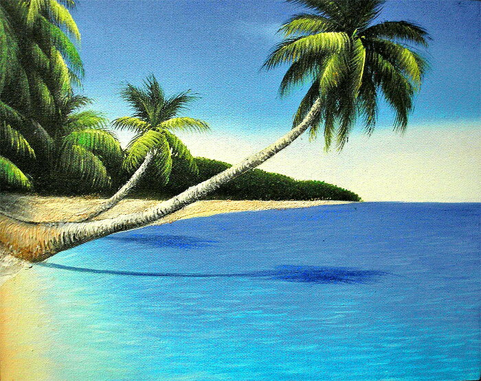 真っ青な海とさざ波が寄せる海岸線、大きく描かれた椰子の木。アンカサ一押し新進気鋭の画家M.Santo、Lサイズの作品です。 大きくうねる様に描かれた椰子の木と風にそよぐ葉の様子、静かに寄せる白波と続く海岸線、真っ青な空に浮かぶ流れる雲、ビーチの雰囲気をそのまま感じることができます。特徴的なのは砂浜の描き方。絵の具にリアルな細かい《浜砂》を混ぜて凹凸を出して実際のビーチの感じを十二分に表現しています。自然の椰子の木の素晴らしい迫力と存在感があります☆ ※実際の作品と画像の色合いが多少異なる場合があります。特に空のブルーは作品は落ち着いた深い青です。※現品限り。この作品はアンカサ他店舗でも販売しており、ご注文の前・後で欠品となる場合があります。予めご承知置きください。 ■アジア＞アジアン雑貨＞バリ雑貨＞バリ絵画＞油絵 ■サイズ＞額53.5cmx63cm 　　　　　絵40cmx50cm