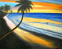 さざ波が寄せる海岸線、大きく描かれた椰子の木。アンカサ一押し新進気鋭の画家M.Santo、燃えるようなサンセットビーチを描いた作品、Lサイズになります。 大きくうねる様に描かれた椰子の木と風にそよぐ葉の様子、静かに寄せる白波と続く海岸線、そして様々な色で表現される夕焼けの空に浮かぶ雲、夕暮れのビーチの雰囲気をそのまま感じることができます。特徴的なのは砂浜の描き方。絵の具にリアルな細かい《浜砂》を混ぜて凹凸を出して実際のビーチの感じを十二分に表現しています。素晴らしい迫力と存在感があります☆ ※実際の作品と画像の色合いが多少異なる場合があります。特に空のブルーは作品は落ち着いた深い青です。※現品限り。この作品はアンカサ他店舗でも販売しており、ご注文の前・後で欠品となる場合があります。予めご承知置きください。 ■アジア＞アジアン雑貨＞バリ雑貨＞バリ絵画＞油絵 ■サイズ＞額53.5cmx63cm 　　　　　絵40cmx50cm