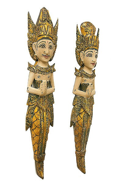 【アウトレット】木彫り ラーマ&シータ 2体セット 60cm サンドベージュ 金冠 アジアン 雑貨 バリ タイ エスニック インドネシア 古典 インテリア お部屋 アート お面 置物