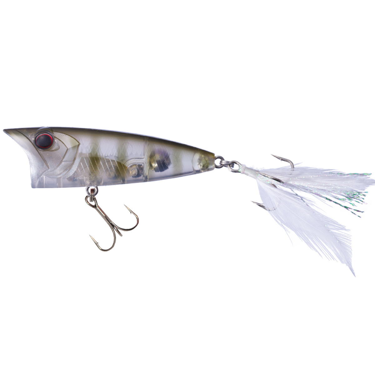 スピニング＆ベイトフィネスでロングキャスト可能で、小魚・虫・エビをイミテートできる小場所の最終兵器！ポッパーの役割をフルスペックで表現「LOUDER」誕生。小型ポッパーの魅力は、水面で小魚や虫、エビやカエルなどをイミテートし静かな着水音と警戒されないボリュームでプレッシャーの掛かったバスでも興味を引き付けること。ラウダー50は、意図しない動きをさせず、水にしっかり絡ませるために小型ボディながら4ウエイトに行きついた。飛距離も出て水面で風に流されにくく、ライン抵抗で引っ張られないよう高比重で立ち気味の姿勢を選択。飛びに悪影響を与えない最大量のフェザー＆ティンセルが着水音をソフトにし、水をしっかり掴み移動距離を抑え一点集中で誘える。サイズ以上のアピール力のために大型カップ＆Break Water構造を施し、水面にフタをしやすくボコッというPOP音と飛沫＆水柱のスプラッシュを実現した。こうして小さいが故に調整範囲が狭い小型ポッパージャンルの中で、その性能の限界を乗り越えることでこれまで以上の釣果をもたらす戦力となる。●カラー：T16 稚ギル●サイズ(mm)：50.0●自重(g)：4.7●タイプ：フローティング