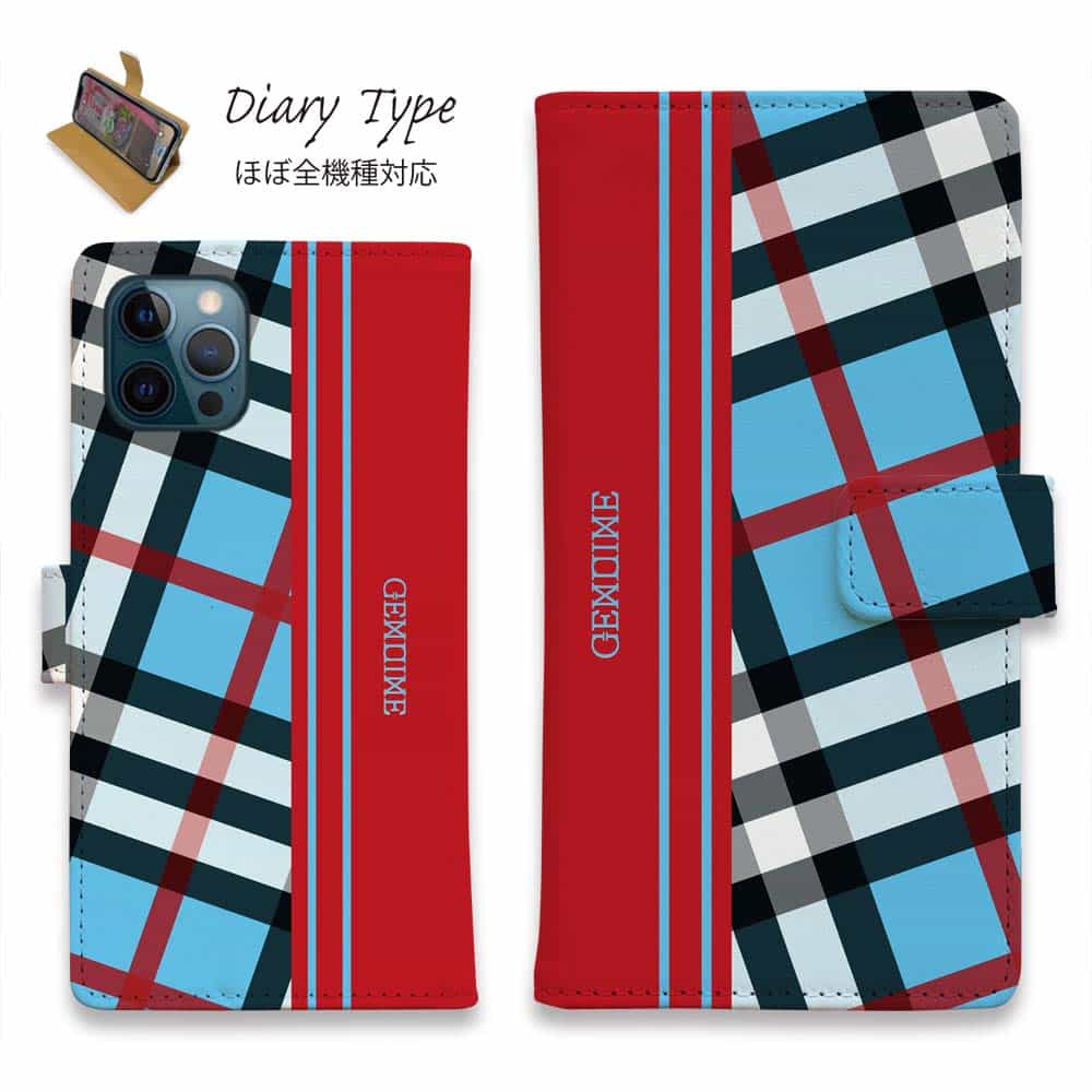 スマホケース 手帳型 iPhone12 mini iPhone12 Pro Max iPhone11 Pro Max 全機種対応 カード収納 マグネット iPhoneXs Max iPhoneXR iPhone SE 第二世代 Xperia 1 Galaxy AQUOS ARROWS Genuine チェック柄 ブルー＆レッド