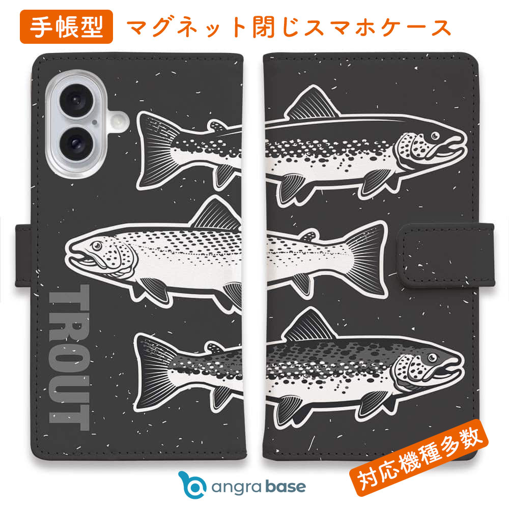 スマホケース 手帳型 カード収納 マグネット iPhone17 Pro Max iPhone Air iPhone16e iPhone16 Pro Max 16 Plus 15 Pro Max Xperia 10 VII Galaxy AQUOS ARROWS Pixel10 XL 釣り 魚 ルアー シンプルなトラウト三兄弟