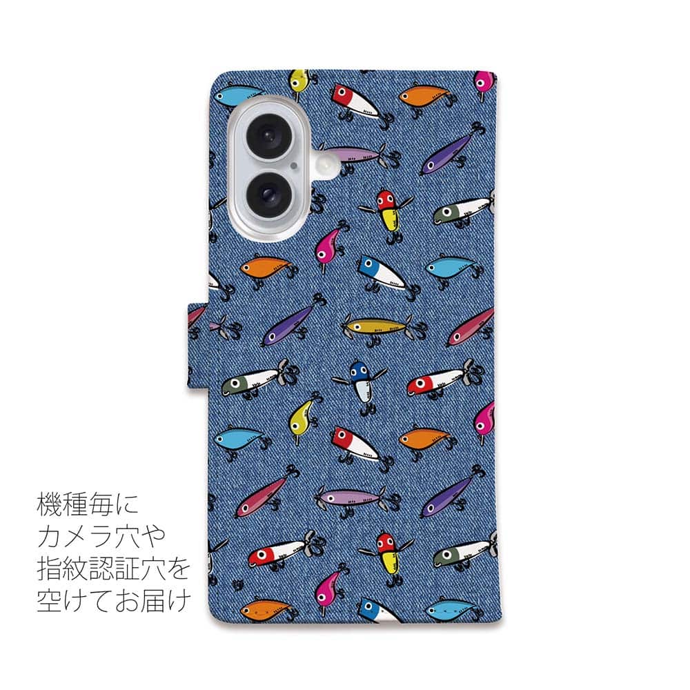 スマホケース 手帳型 カード収納 マグネット iPhone17 Pro Max iPhone Air iPhone16e iPhone16 Pro Max 16 Plus 15 Pro Max Xperia 10 VII Galaxy AQUOS ARROWS Pixel10 XL 釣り 魚 ルアー 釣りざんまい ルアーコレクション_カラフルデニム風