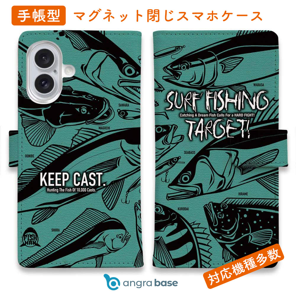 樂天商城 - スマホケース 手帳型 カード収納 マグネット iPhone17 Pro Max iPhone Air iPhone16e iPhone16 Pro Max 16 Plus 15 Pro Max Xperia 10 VII Galaxy AQUOS ARROWS Pixel10 XL 釣り 魚 ルアー FISH MAN SURF FISHING TARGET! グリーン