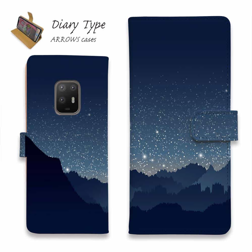 arrows アローズ スマホケース 手帳型 マグネット カード収納 arrows Alpha F-51F arrows We2 F-52E FCG02 arrows We2 Plus F-51E arrows N F-51C arrows We F-51B FCG01 Be4 Plus F-41B NX9 アローズ ケース 星 星空 夜空 月 かわいい 真冬の夜空