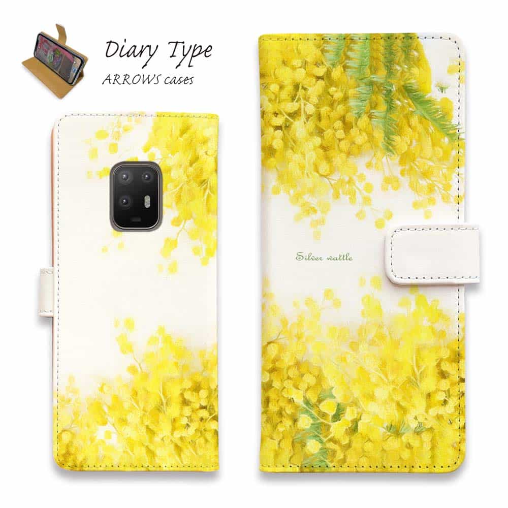 arrows アローズ スマホケース 手帳型 マグネット カード収納 arrows Alpha F-51F arrows We2 F-52E FCG02 arrows We2 Plus F-51E arrows N F-51C arrows We F-51B FCG01 Be4 Plus F-41B NX9 arrows NX アローズ ケース 花 花柄 ミモザのウォーターカラー