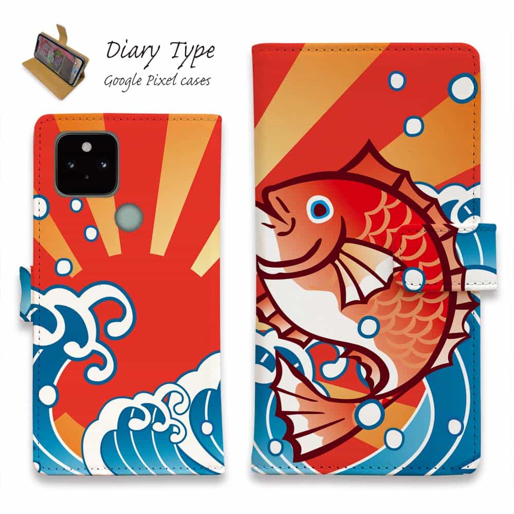 Google Pixel 10 Pro XL ピクセル10 プロ スマホケース 手帳型 マグネット カード収納 Google Pixel9a Pro Google Pixel8a Pro Google Pixel7a Pro Google Pixel6a Google Pixel6 釣り 魚 ルアー 大漁旗風マダイのイラスト