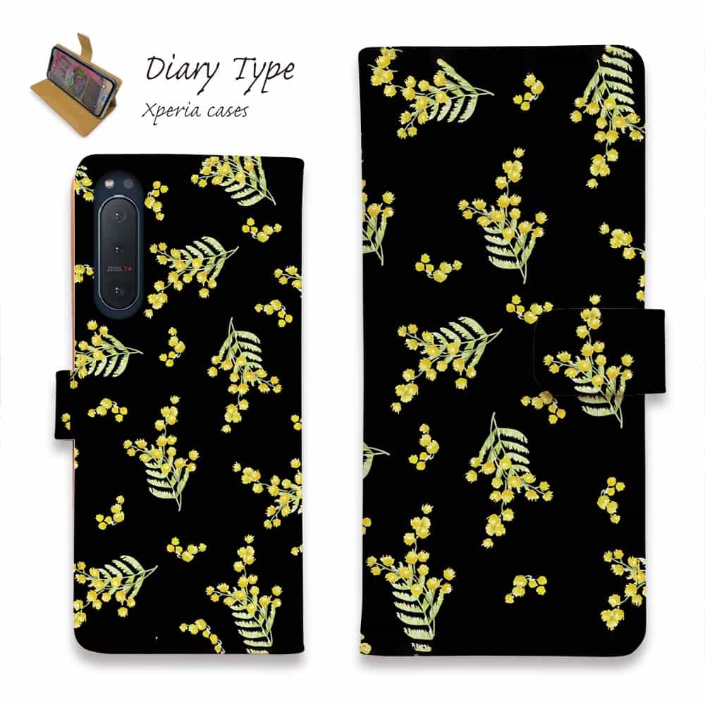 Xperia 10 VII Xperia 1 VII Xperia 10 VI Xperia 1 VI Xperia 10 V Xperia 1 V Xperia 5 IV Xperia Ace III スマホケース 手帳型 マグネット カード収納 エクスペリア5 エクスペリア10 ケース 花 花柄 ミモザ（ブラック）