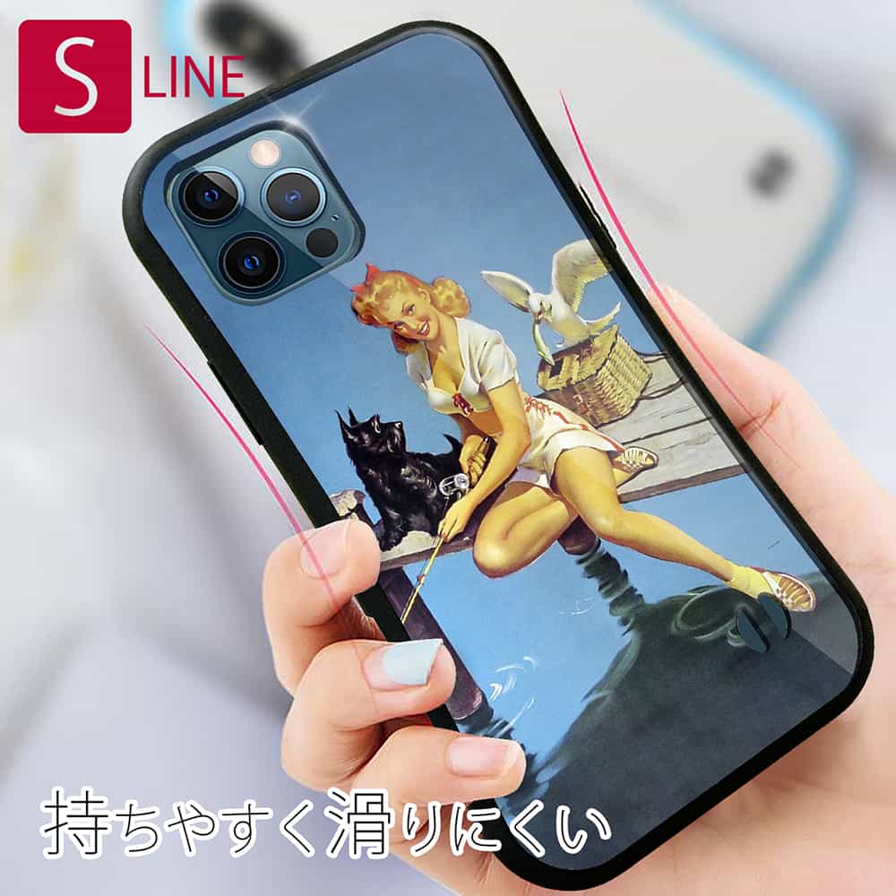 S-LINE ケース iPhoneSE(第三世代) iPhone13 mini iPhone13 Pro Max iPhone12 Pro iPhone11 Pro iPhoneXs iPhoneXR Xperia 5 III Xperia 10 III Google Pixel 5a 5G AQUOS sense6 釣り 魚 ルアー 釣りをする女性 ビンテージバージョン