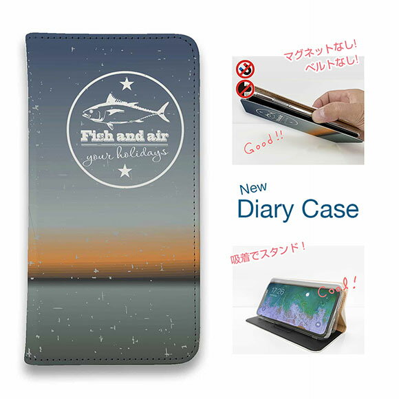 【ブラックフライデー 20%OFF】 スマホケース 手帳型 ベルトなし マグネットなし iPhone17 Pro Max iPhone Air iPhone16e Pro Max 16 Plus 15 Pro Max 14 Plus Xperia 10 VII Galaxy AQUOS Pixel10 Pro XL 釣り 魚 ルアー Fish and air 夕暮れ