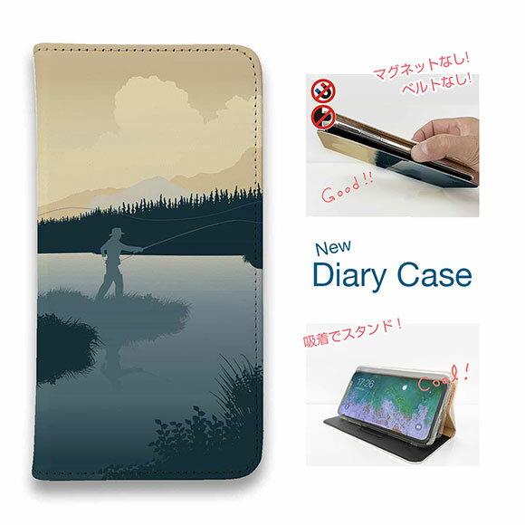 【ブラックフライデー 20%OFF】 スマホケース 手帳型 ベルトなし マグネットなし iPhone17 Pro Max iPhone Air iPhone16e Pro Max 16 Plus 15 Pro Max 14 Plus Xperia 10 VII Galaxy AQUOS Pixel10 Pro XL 釣り 魚 ルアー 川岸のフライフィッシャー2