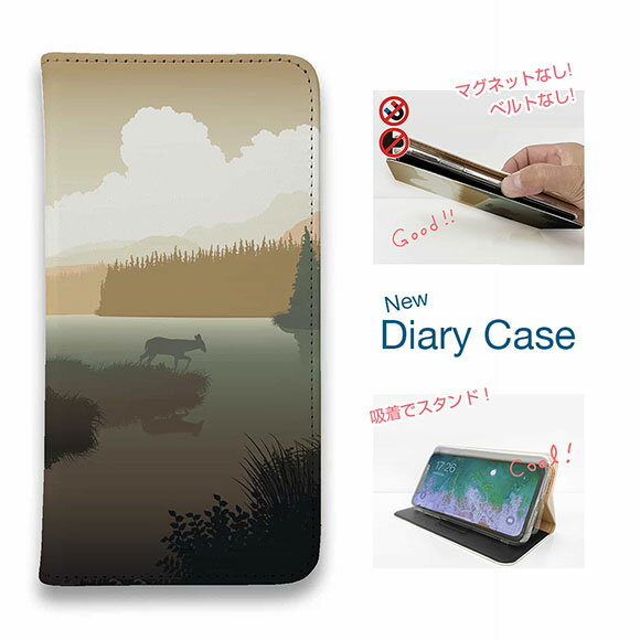 【ブラックフライデー 20%OFF】 スマホケース 手帳型 ベルトなし マグネットなし iPhone17 Pro Max iPhone Air iPhone16e Pro Max 16 Plus 15 Pro Max 14 Plus Xperia 10 VII Galaxy AQUOS Pixel10 Pro XL 釣り 魚 ルアー 川岸の鹿 チャコール