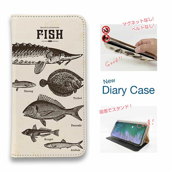 【ブラックフライデー 20%OFF】 スマホケース 手帳型 ベルトなし マグネットなし iPhone17 Pro Max iPhone Air iPhone16e Pro Max 16 Plus 15 Pro Max 14 Plus Xperia 10 VII Galaxy AQUOS Pixel10 Pro XL 釣り 魚 ルアー ビンテージな魚図鑑 レモン