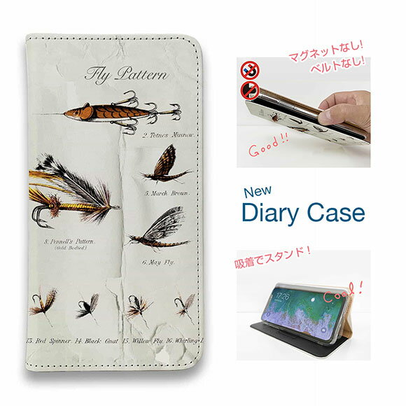 【ブラックフライデー 20%OFF】 スマホケース 手帳型 ベルトなし マグネットなし iPhone17 Pro Max iPhone Air iPhone16e Pro Max 16 Plus 15 Pro Max 14 Plus Xperia 10 VII Galaxy AQUOS Pixel10 Pro XL 釣り 魚 ルアー フライパターン