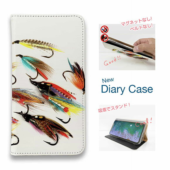 【ブラックフライデー 20%OFF】 スマホケース 手帳型 ベルトなし マグネットなし iPhone17 Pro Max iPhone Air iPhone16e Pro Max 16 Plus 15 Pro Max 14 Plus Xperia 10 VII Galaxy AQUOS Pixel10 Pro XL 釣り 魚 ルアー フライのデザイン